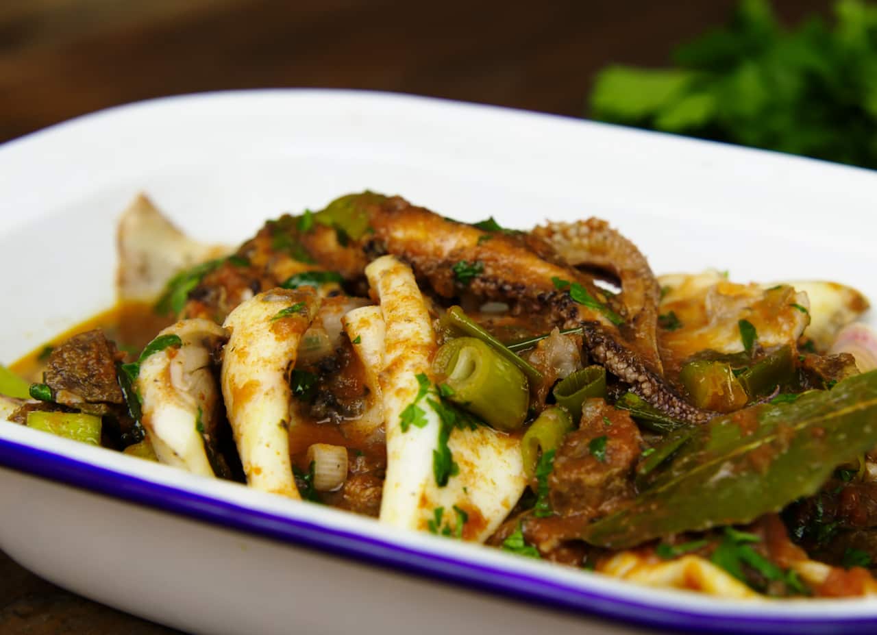 Baked squid and chorizo