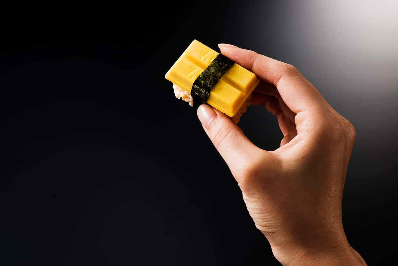 The sea urchin sushi KitKat is made from a puffed rice and white chocolate base and Hokkaido melon with mascarpone cheese top.