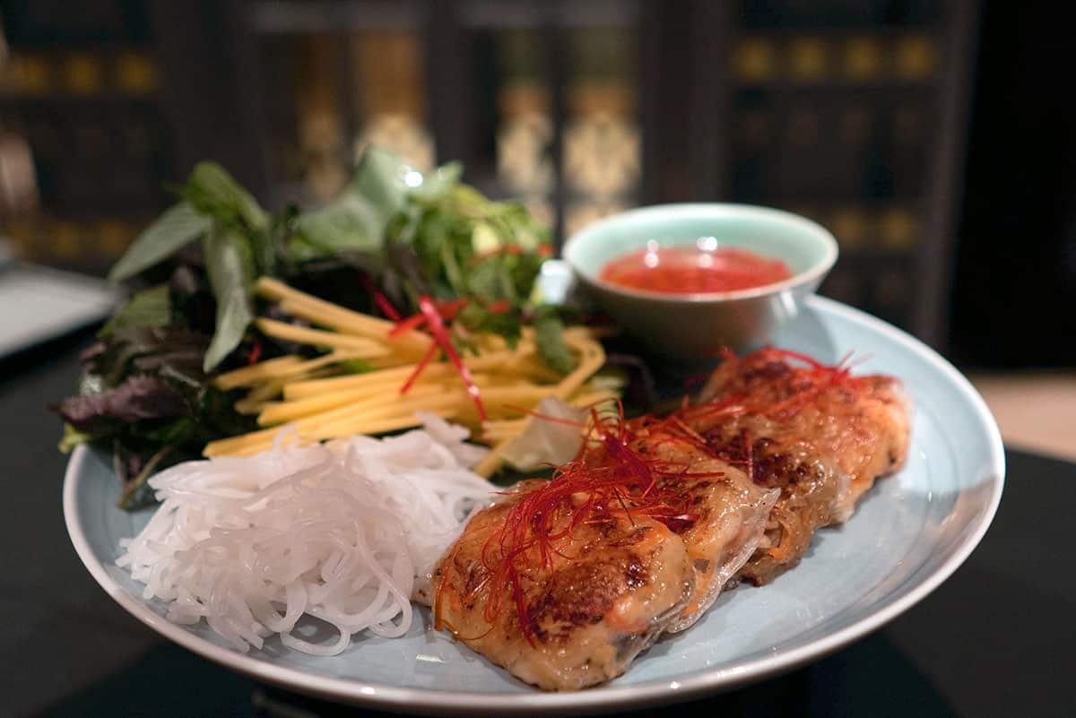 Pan-fried pork and prawn rice paper parcels