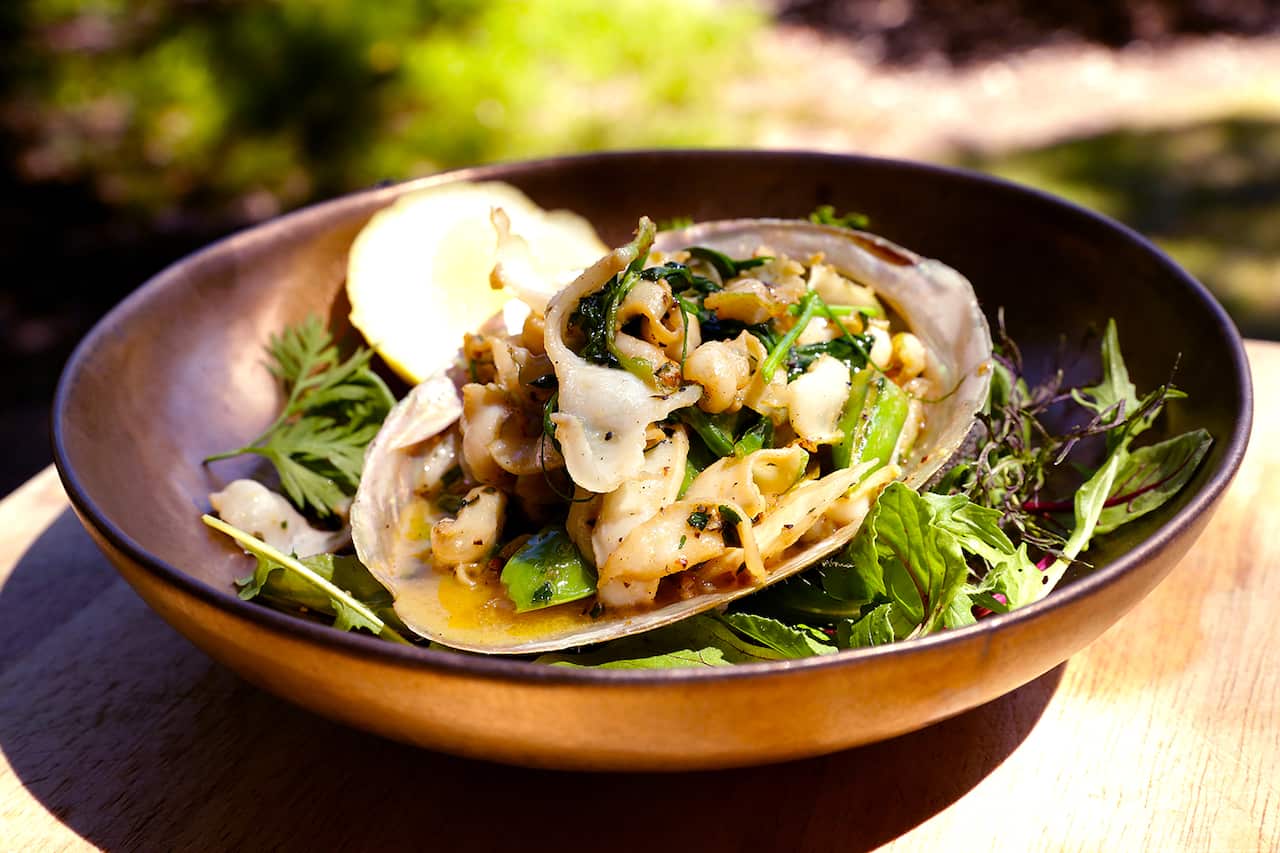 Abalone with snow pea tendrils and butter sauce
