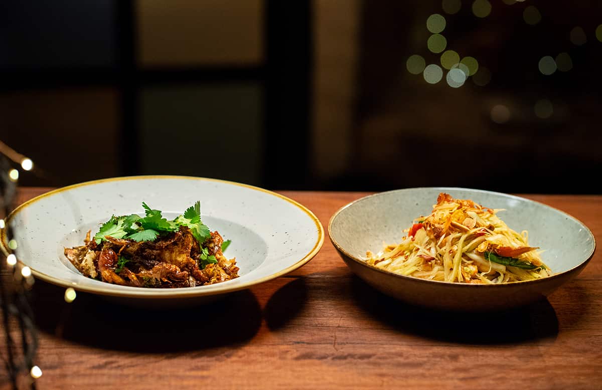 Soft-shell crab stir-fry with green papaya salad