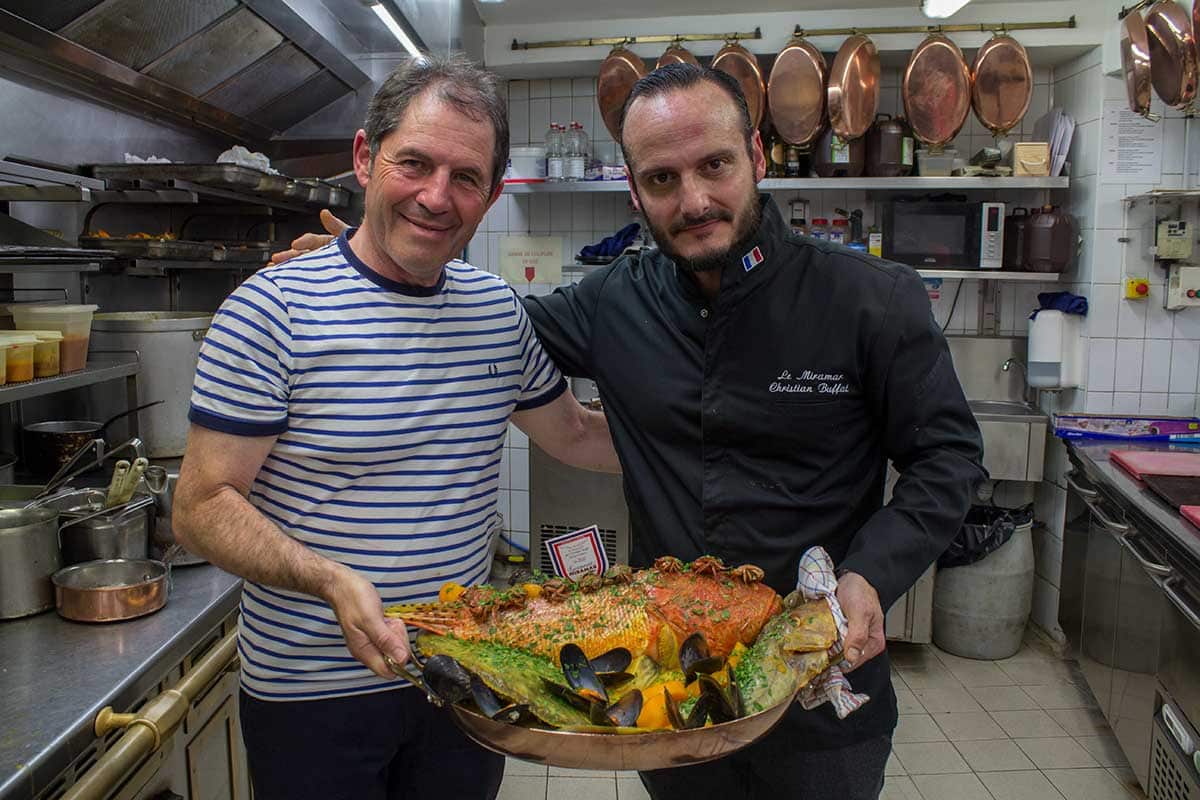 Gabriel cooks the famous French stew of bouillabaisse with chef Christian Buffet.