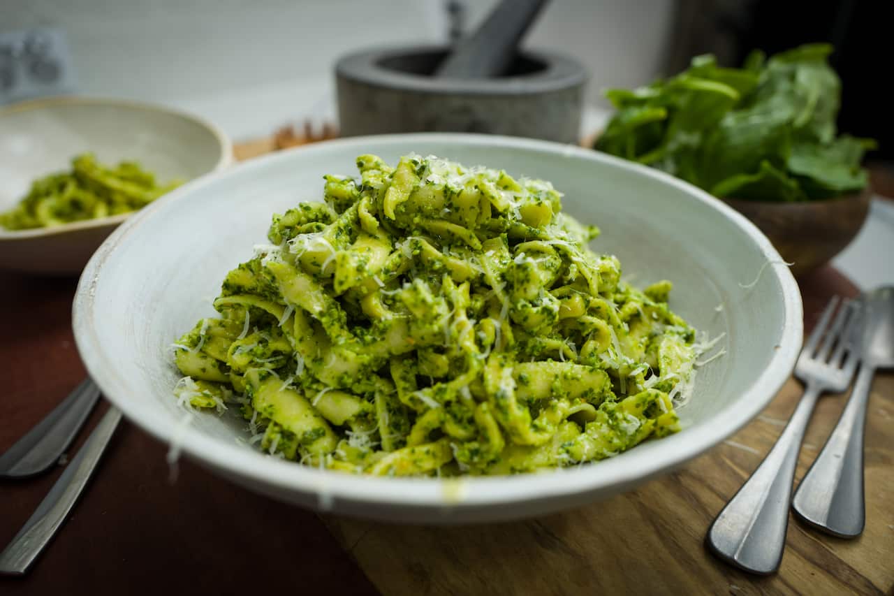 Fresh pasta with warrigal pesto