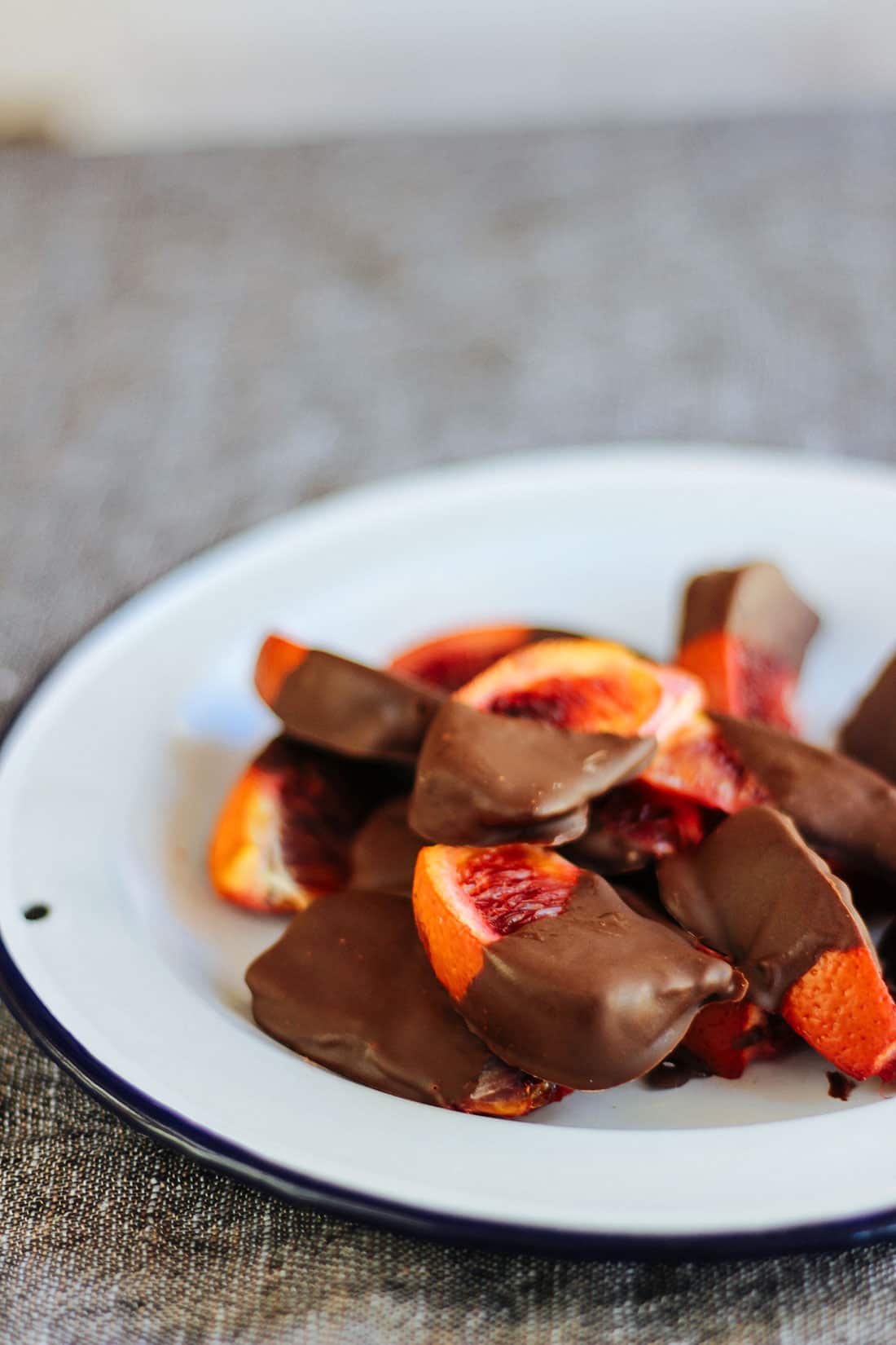 Blood oranges dipped in dark chocolate