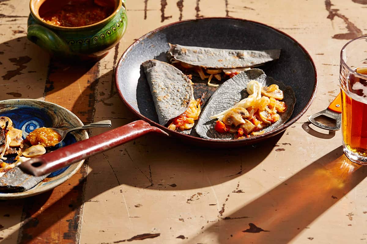 Blue corn quesadillas with mushrooms