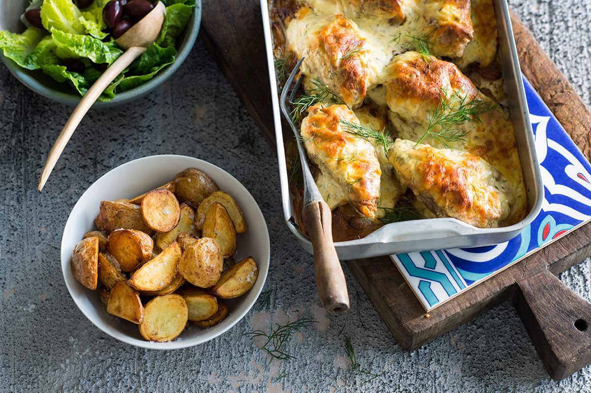 Chicken baked in yoghurt, kefalotiri and dill