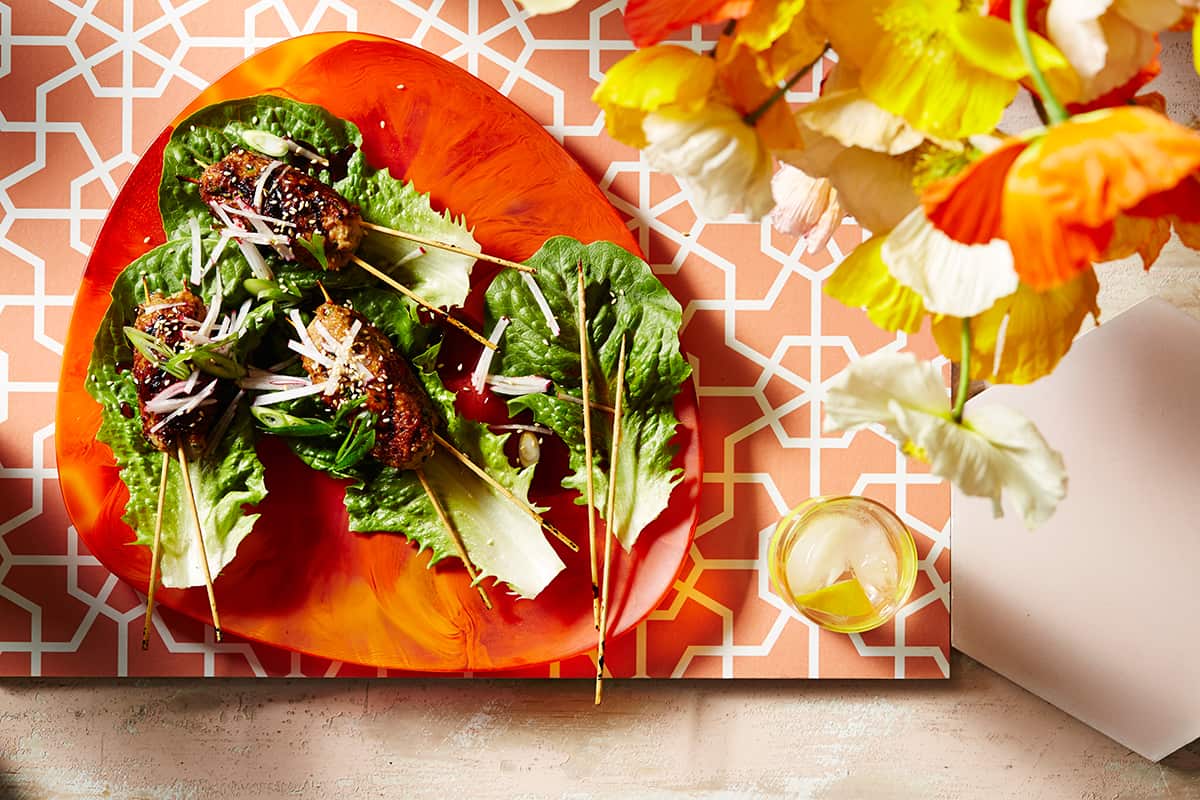 Chicken, ginger and miso patties with a sticky ponzu glaze