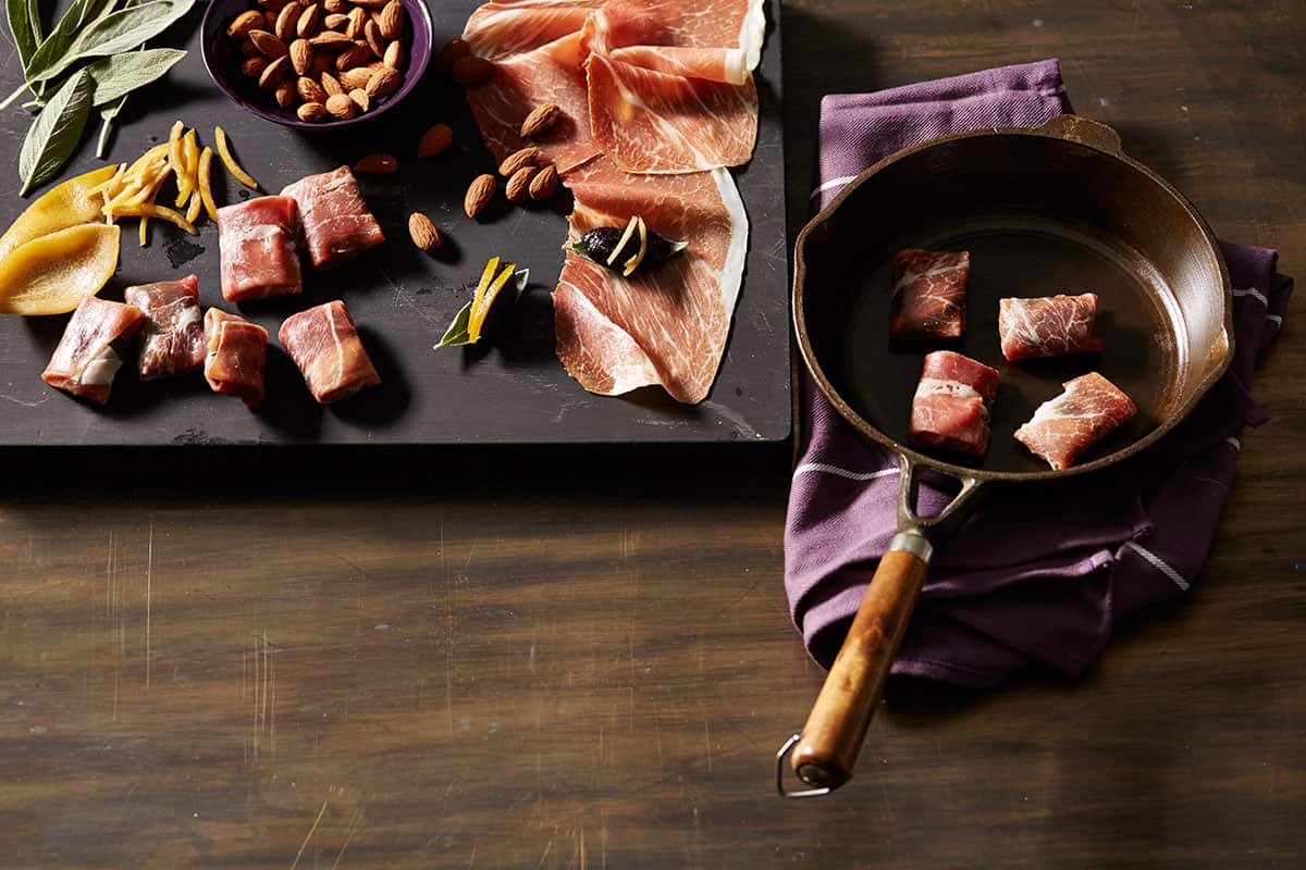 Devils on horseback with preserved lemon and almond