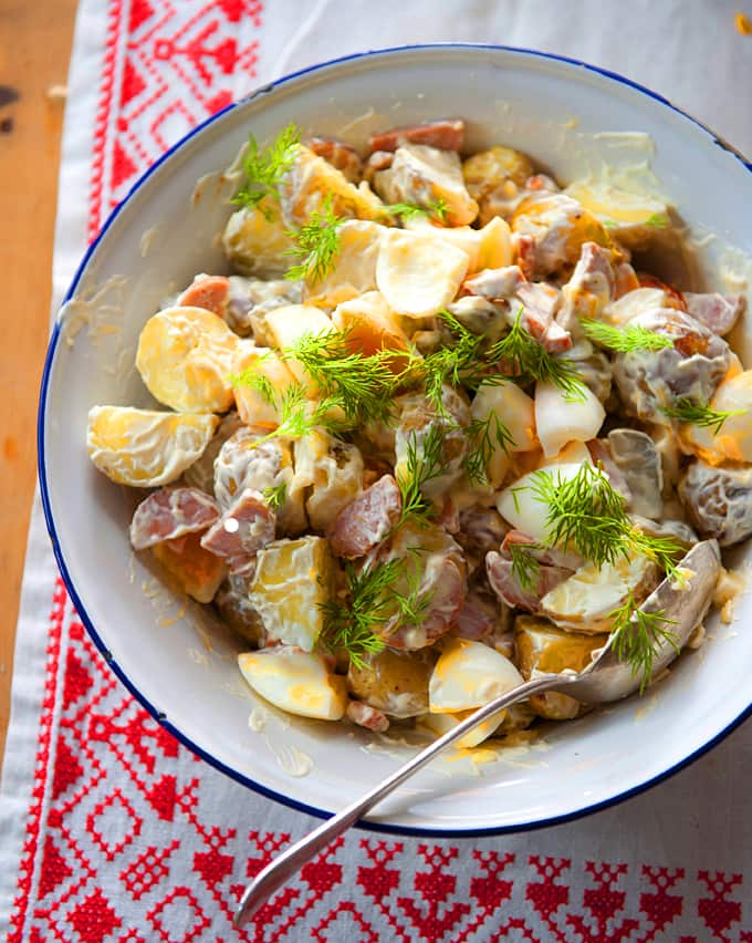 Warm potato salad with knackwurst
