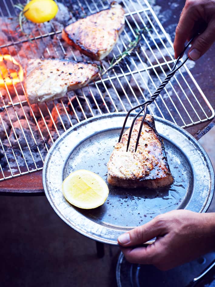 Swordfish with lemon, garlic and olive marinade