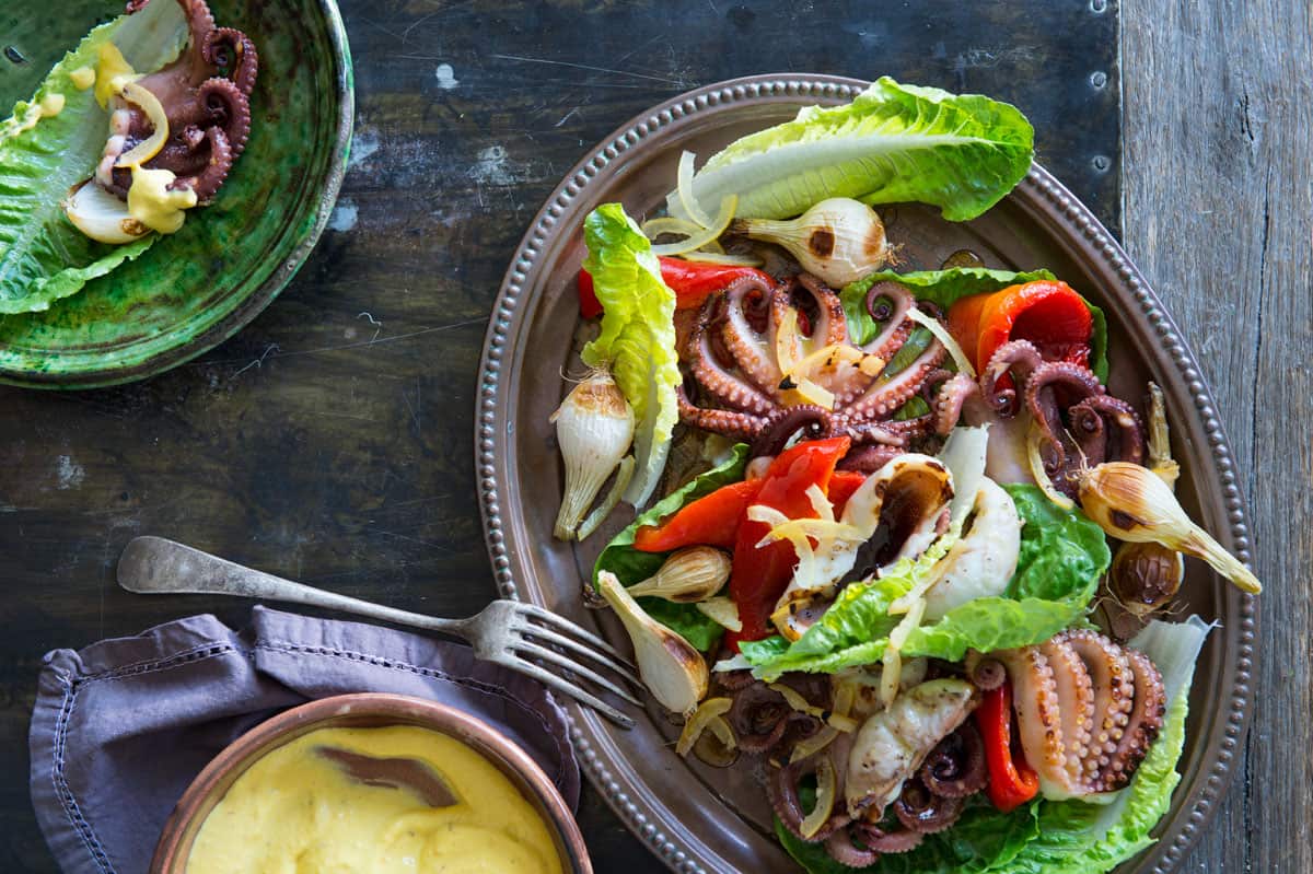 Grilled octopus salad with saffron dressing