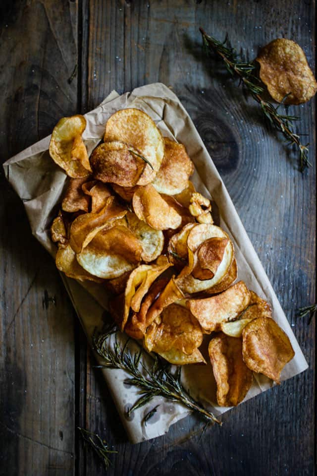 Homemade garlic and rosemary potato chips