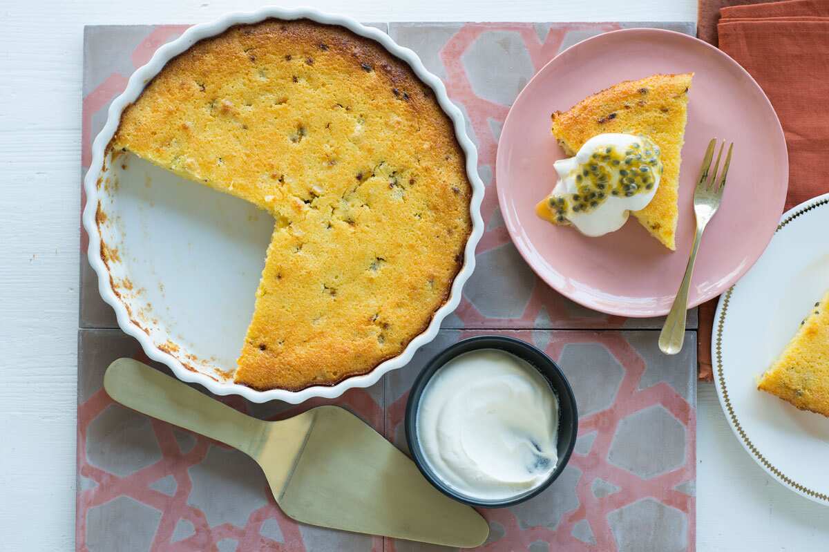 Impossible coconut and passionfruit pie