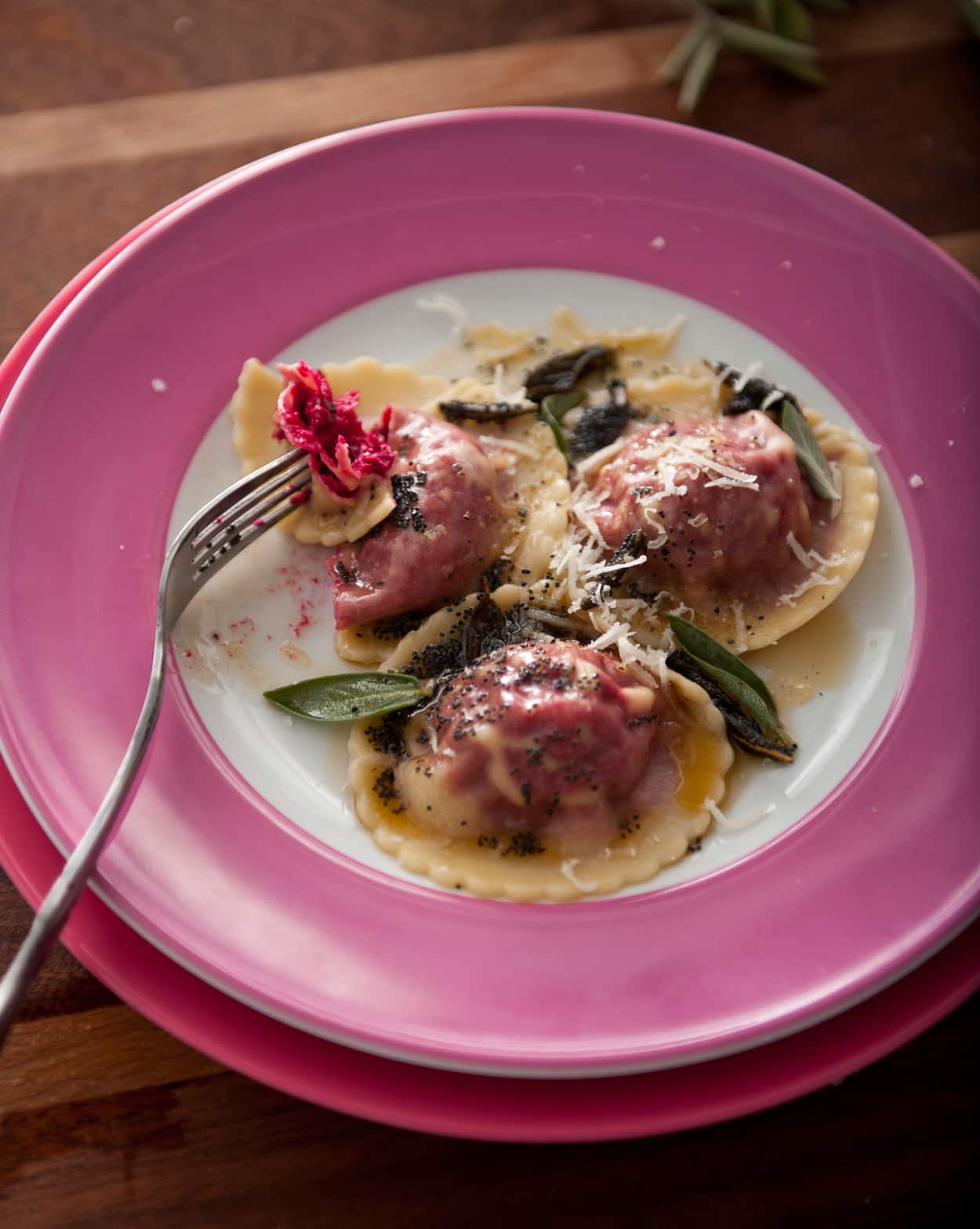 Beetroot ravioli with sage butter