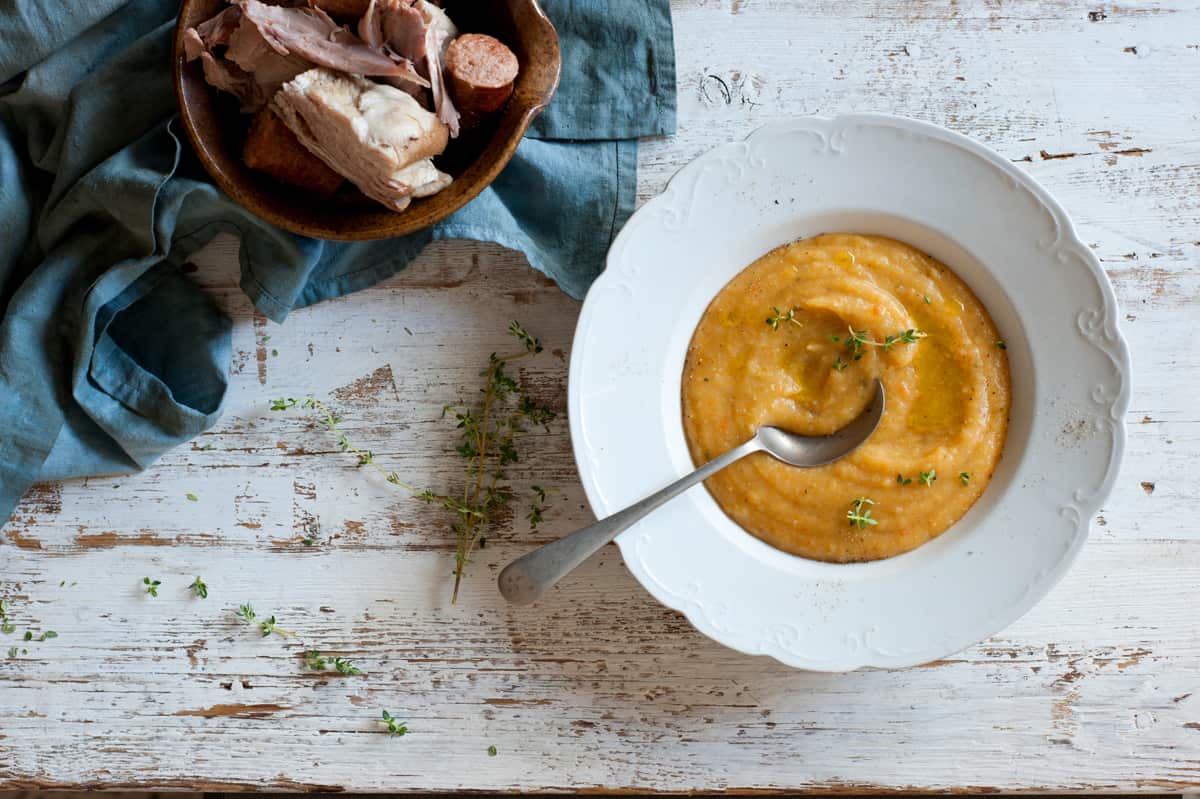 Yellow pea and duck soup