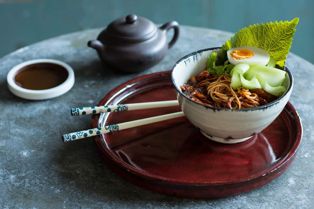 Spicy Korean noodles with cucumber and egg