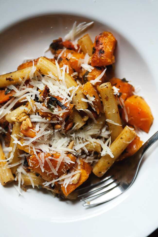 Rigatoni with butternut pumpkin, sage and pine nuts