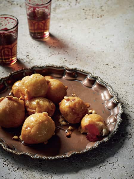 Turkish delight filled doughnuts with rosewater honey