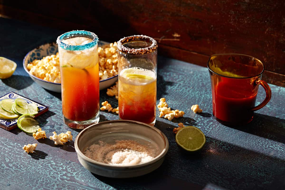 Mexican-style beer Bloody Mary with lime and chilli popcorn