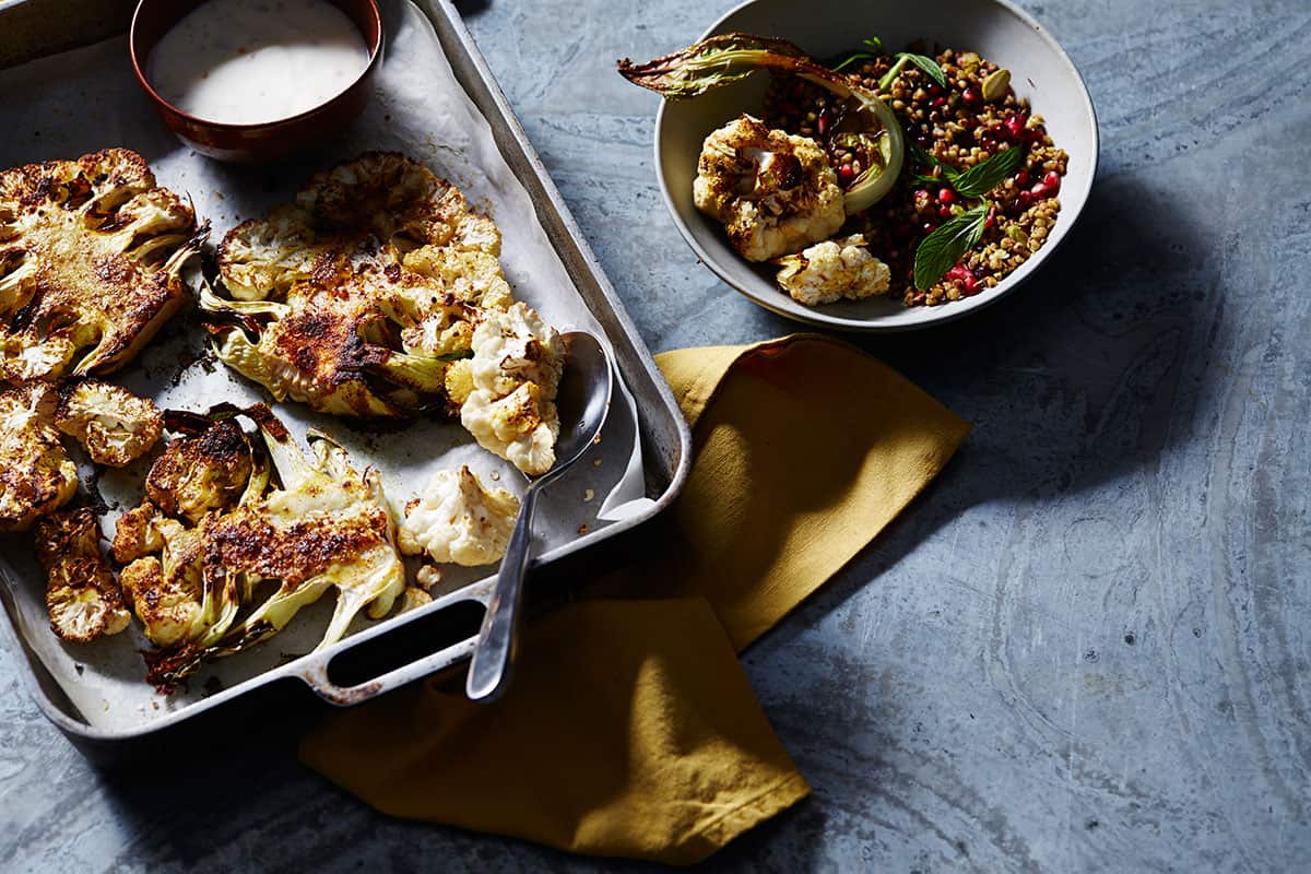 Moroccan spiced cauliflower salad with buckwheat, mint and pistachios