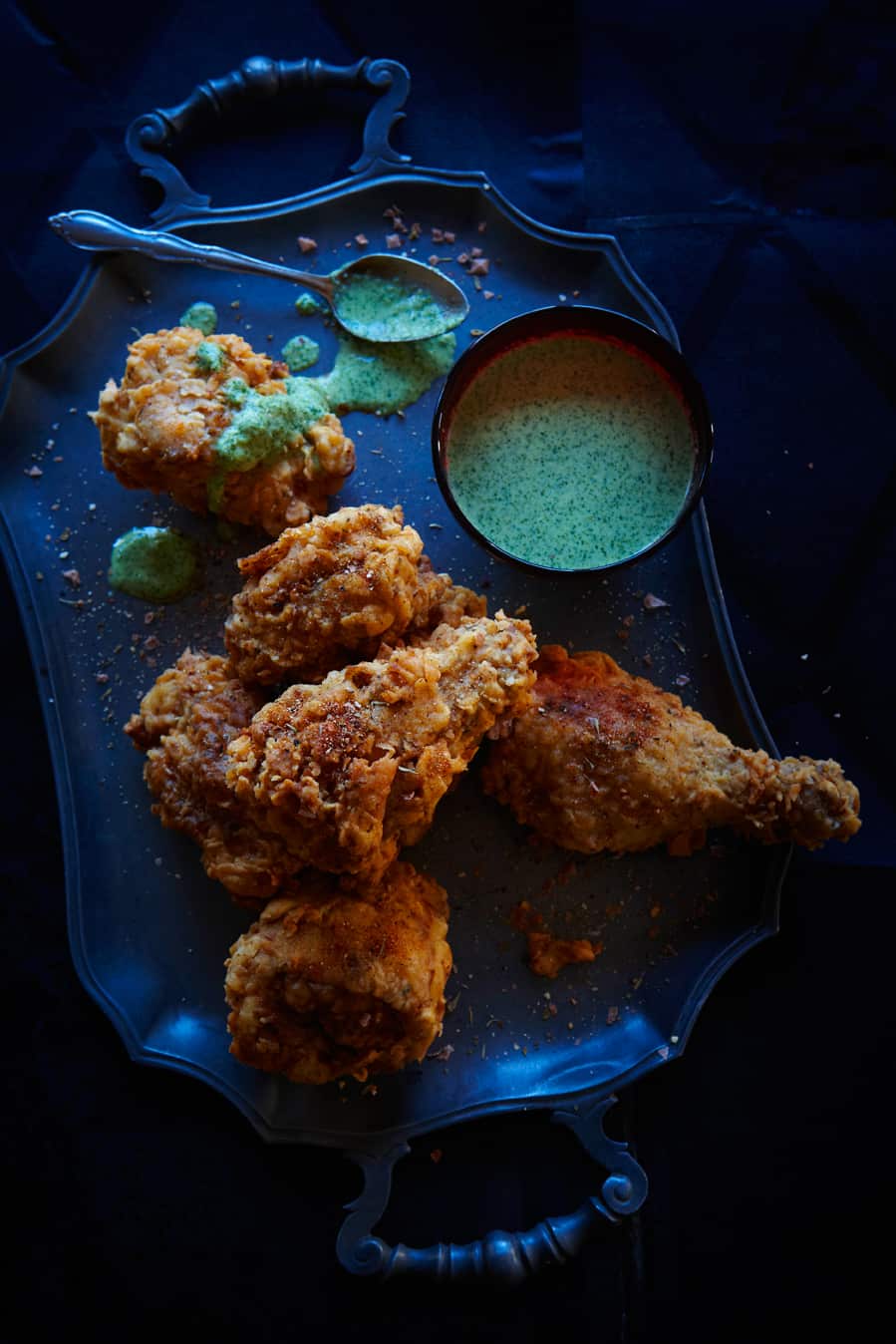 Cajun fried chicken with a green chilli and coriander dressing