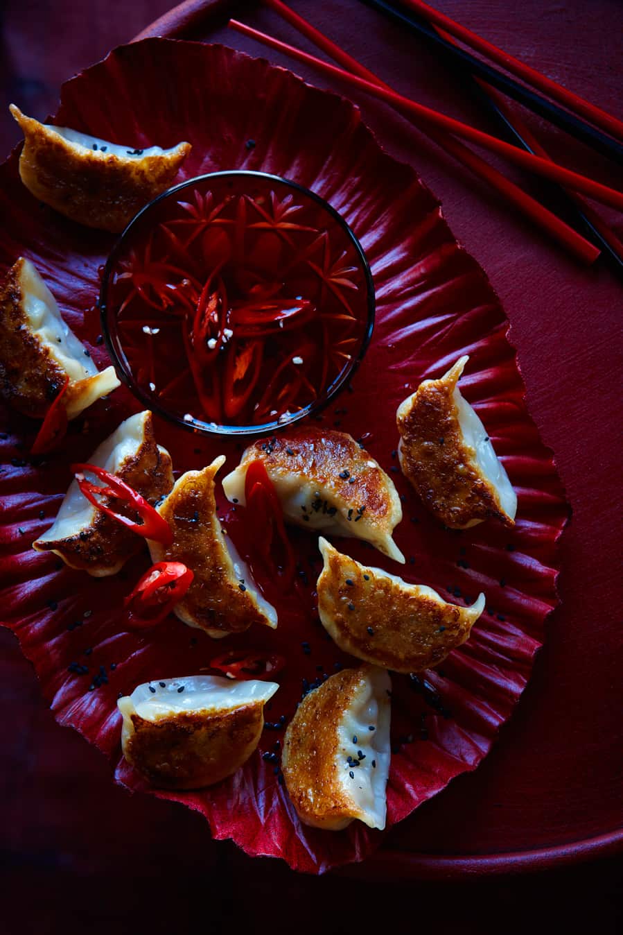 Pan-fried pork and chilli dumplings with chilli infused red vinegar