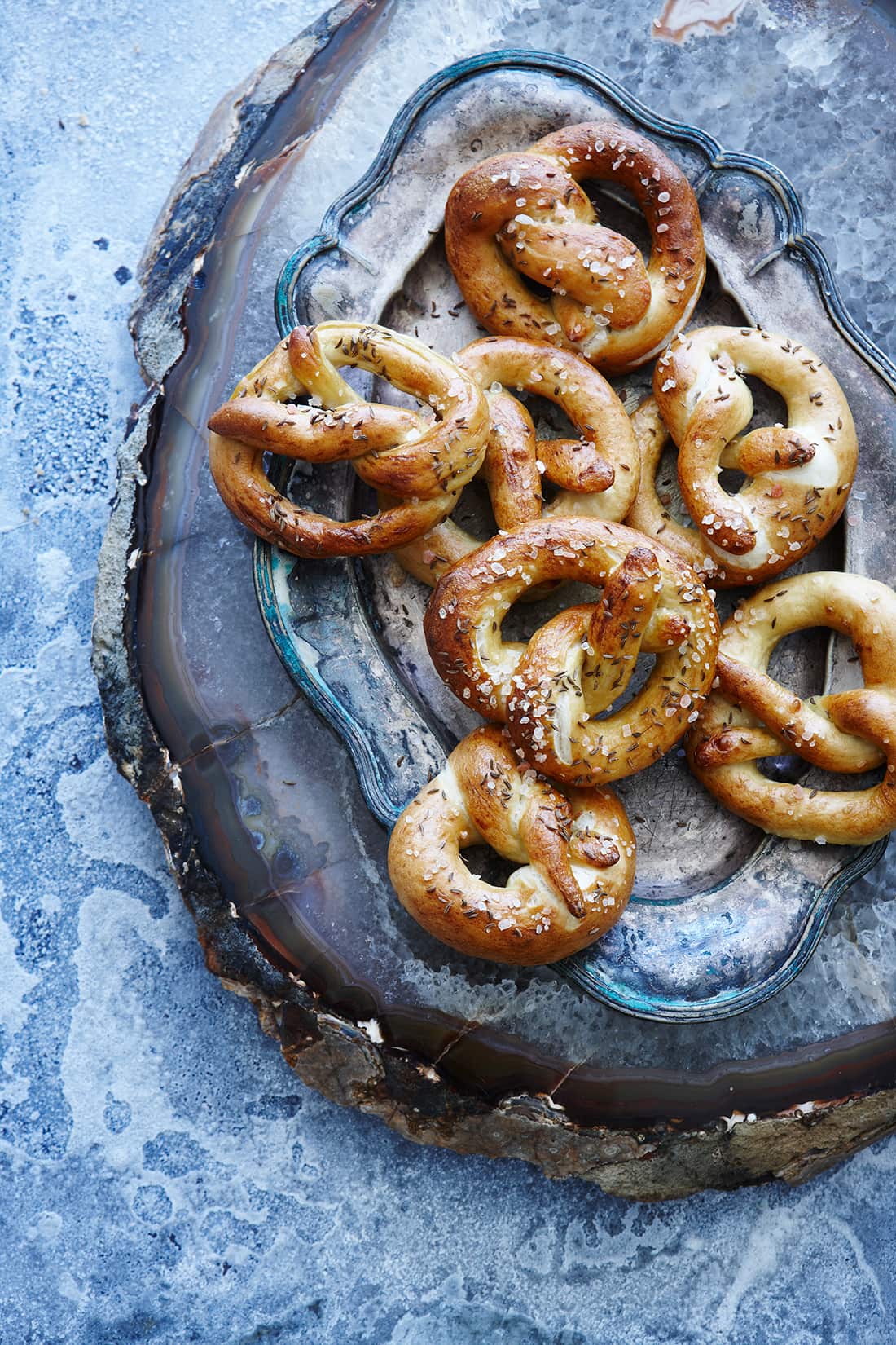 Himalayan rock salt and caraway seed pretzels