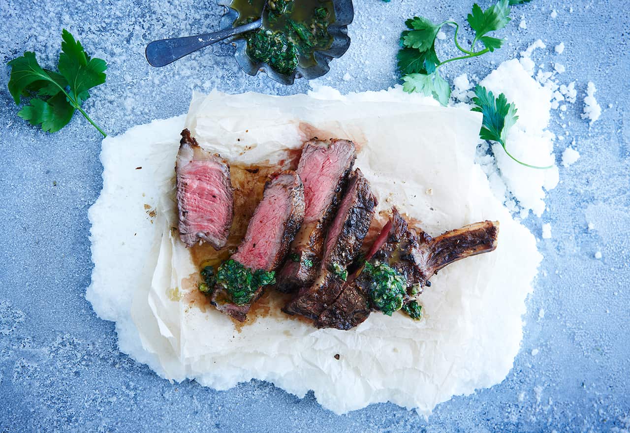 Grilled rib eye with porcini and peppercorn salt and lemony salsa verde