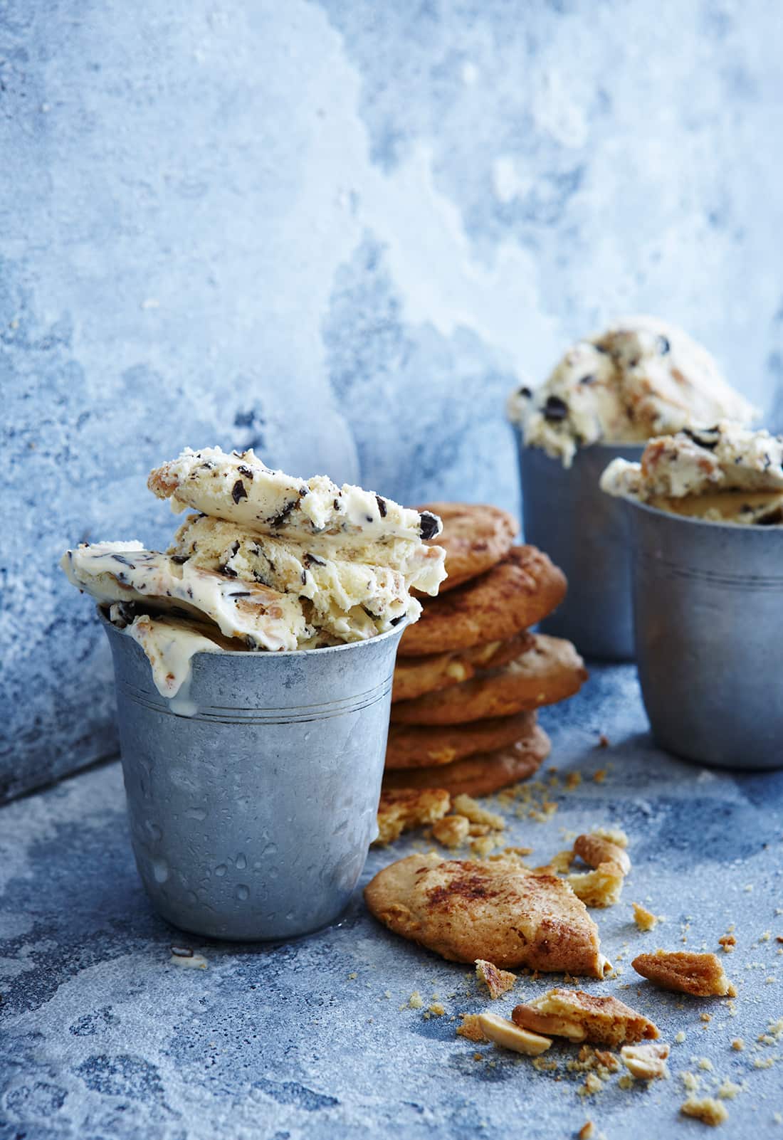 Peanut butter and choc chunk ice-cream with cinnamon salt and peanut biscuits