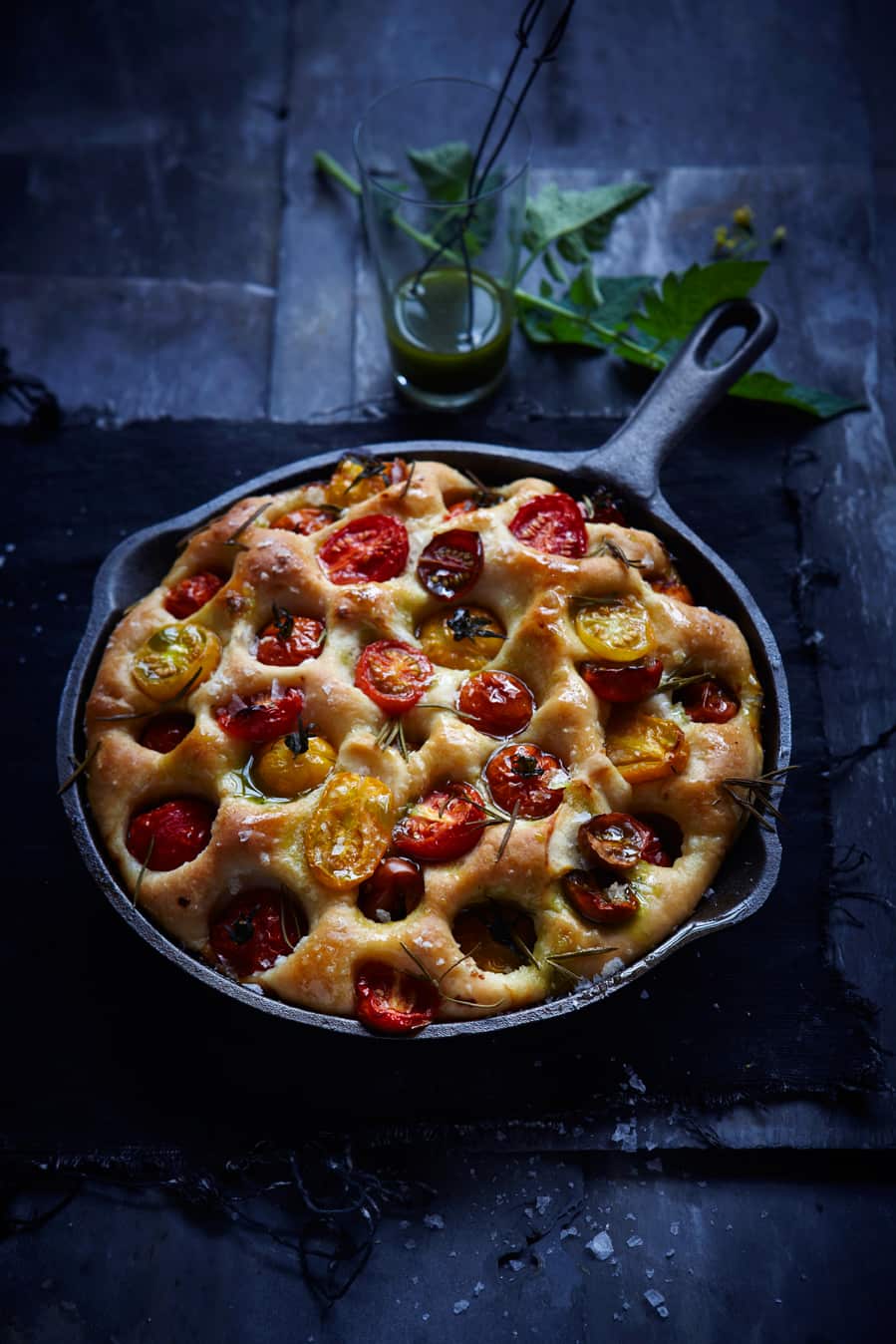 Tomato and rosemary focaccia with basil oil