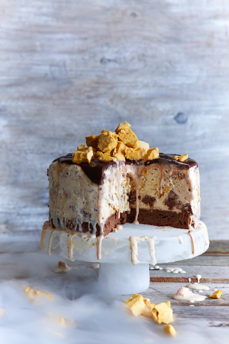 Chocolate brownie and honeycomb ice-cream cake with chocolate fudge sauce