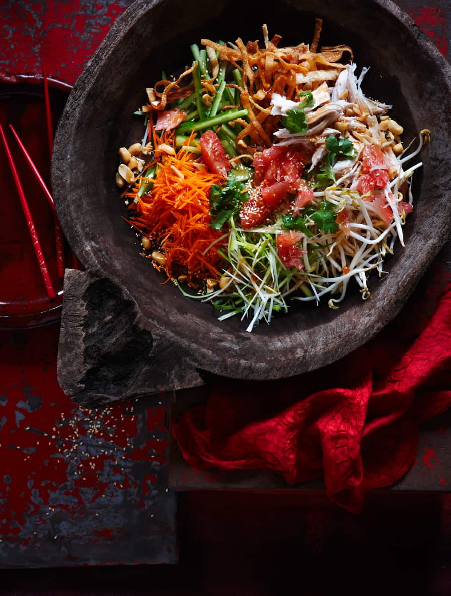 Chinese New Year chicken and pomelo salad with a sweet plum dressing 