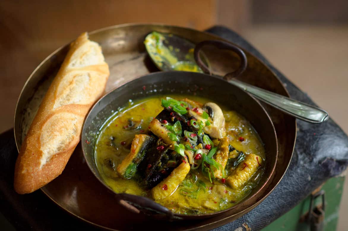 Pan-fried eel in coconut and saffron sauce