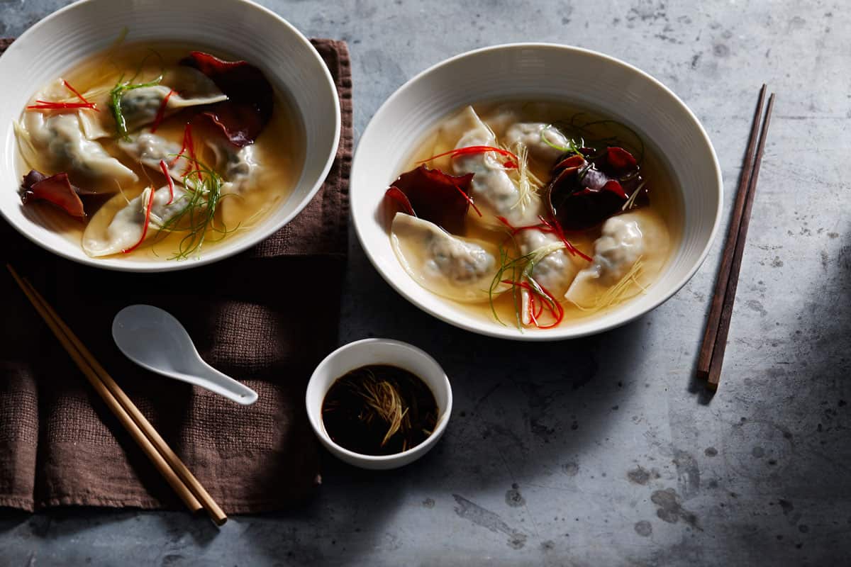 Pork dumplings, Asian broth, wood-ear mushrooms