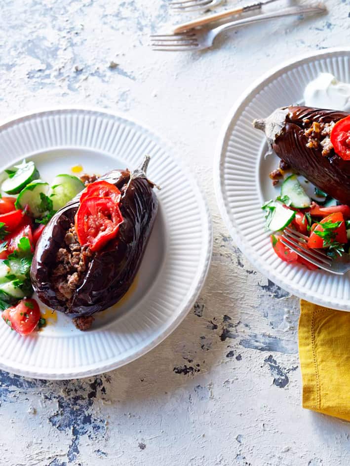 Roast eggplants with butterfly beef ragout