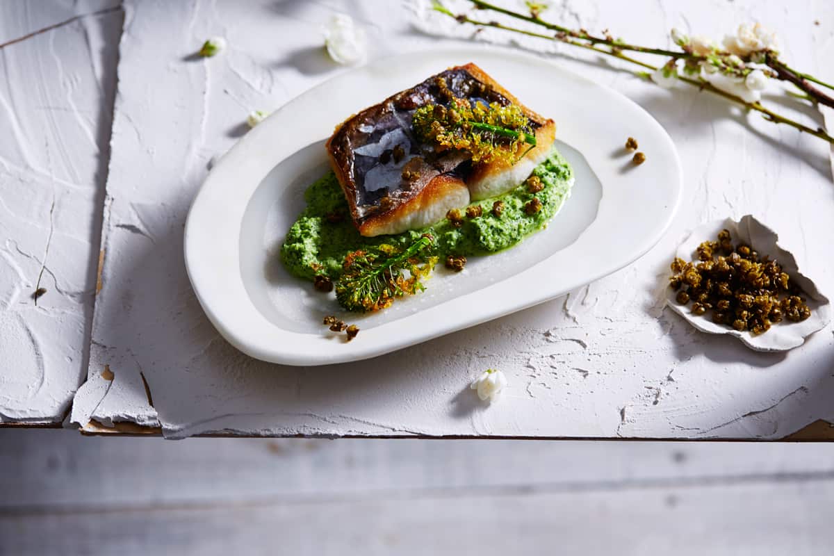 Roasted Spanish mackerel with broccoli puree and crispy capers