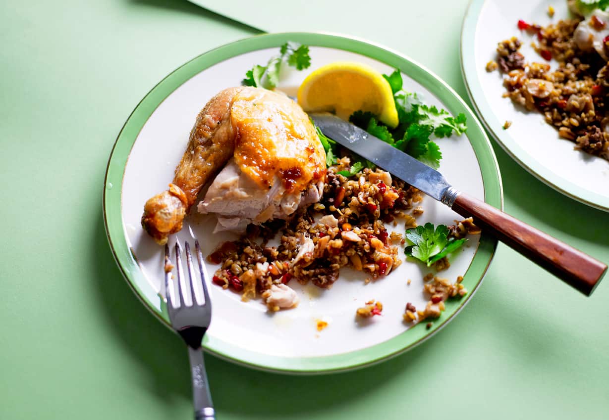 Roast chicken with freekeh stuffing
