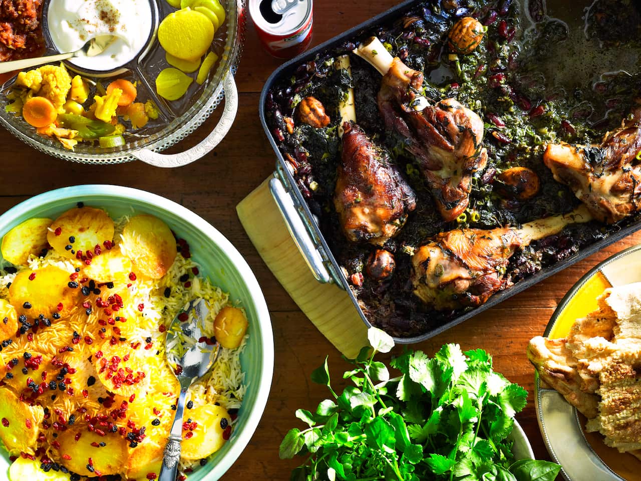 Iranian lamb and herb stew with barberry rice (khoresh ghormeh sabzi bah zereshk polo)