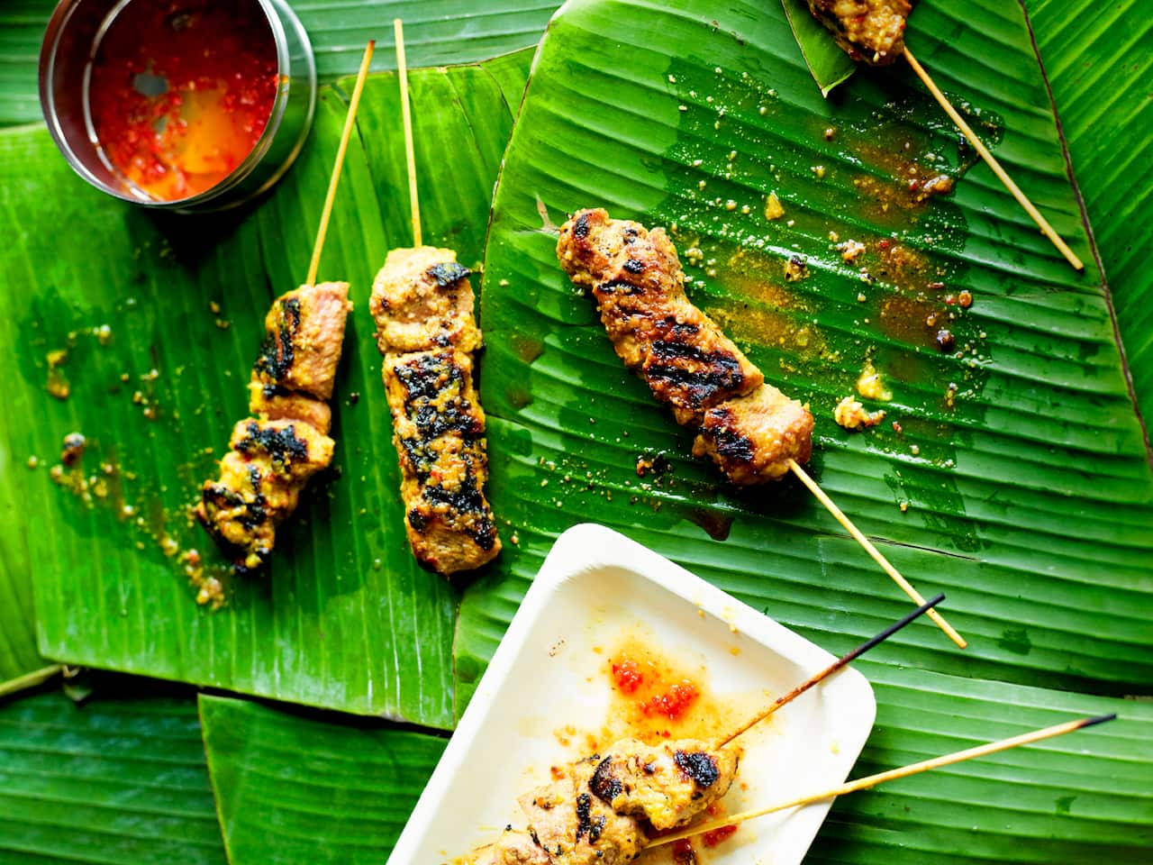 Pork satay with chilli dipping sauce