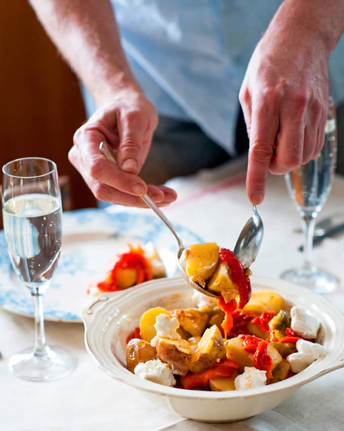 Warm potato salad with paprika, roast capsicum and goat’s curd