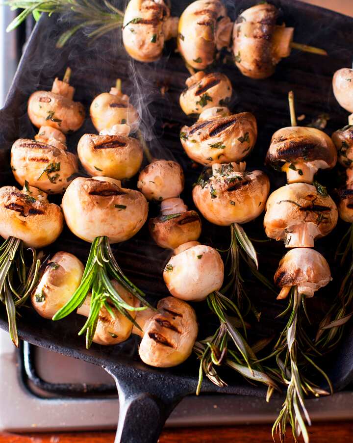 Rosemary skewers of chargrilled sherry-scented mushrooms