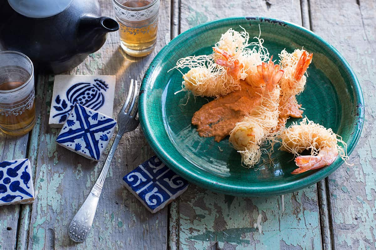 Shredded pastry-wrapped king prawns