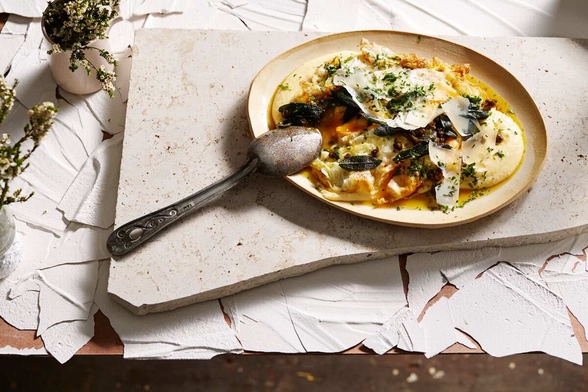 Soft polenta with sage and fried eggs