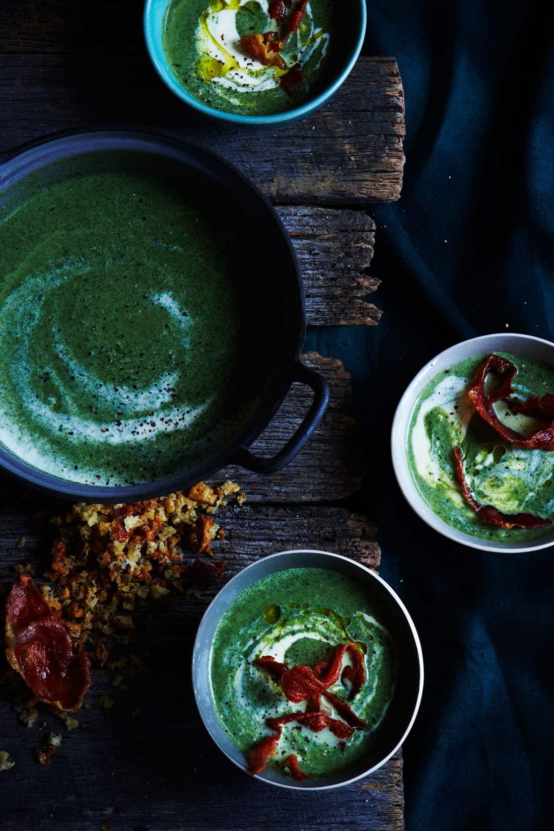 Spinach soup with crispy prosciutto and toasted sourdough crumbs