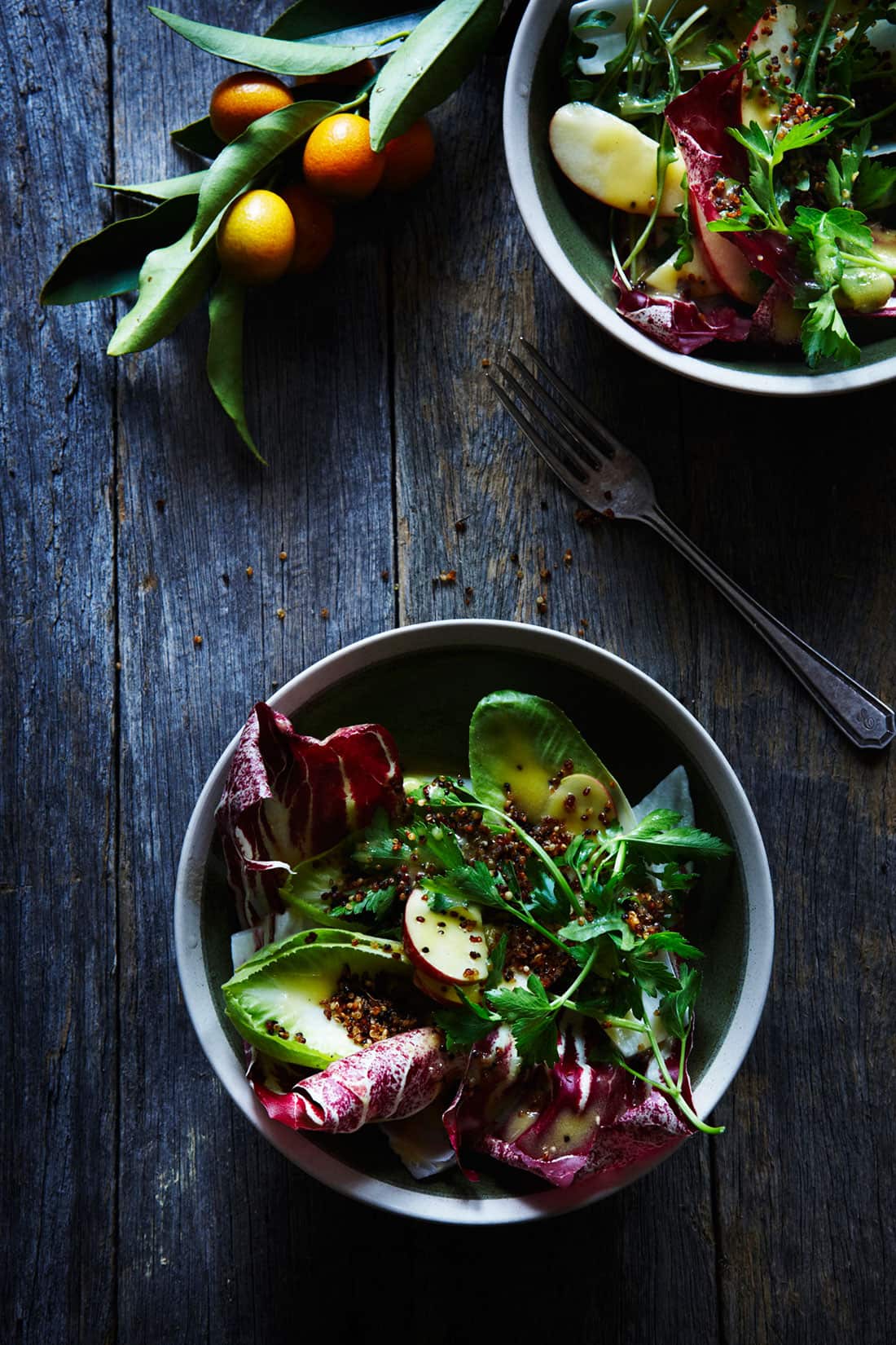 Winter leaf and apple salad with crispy quinoa and cider vinegar Dijon dressing
