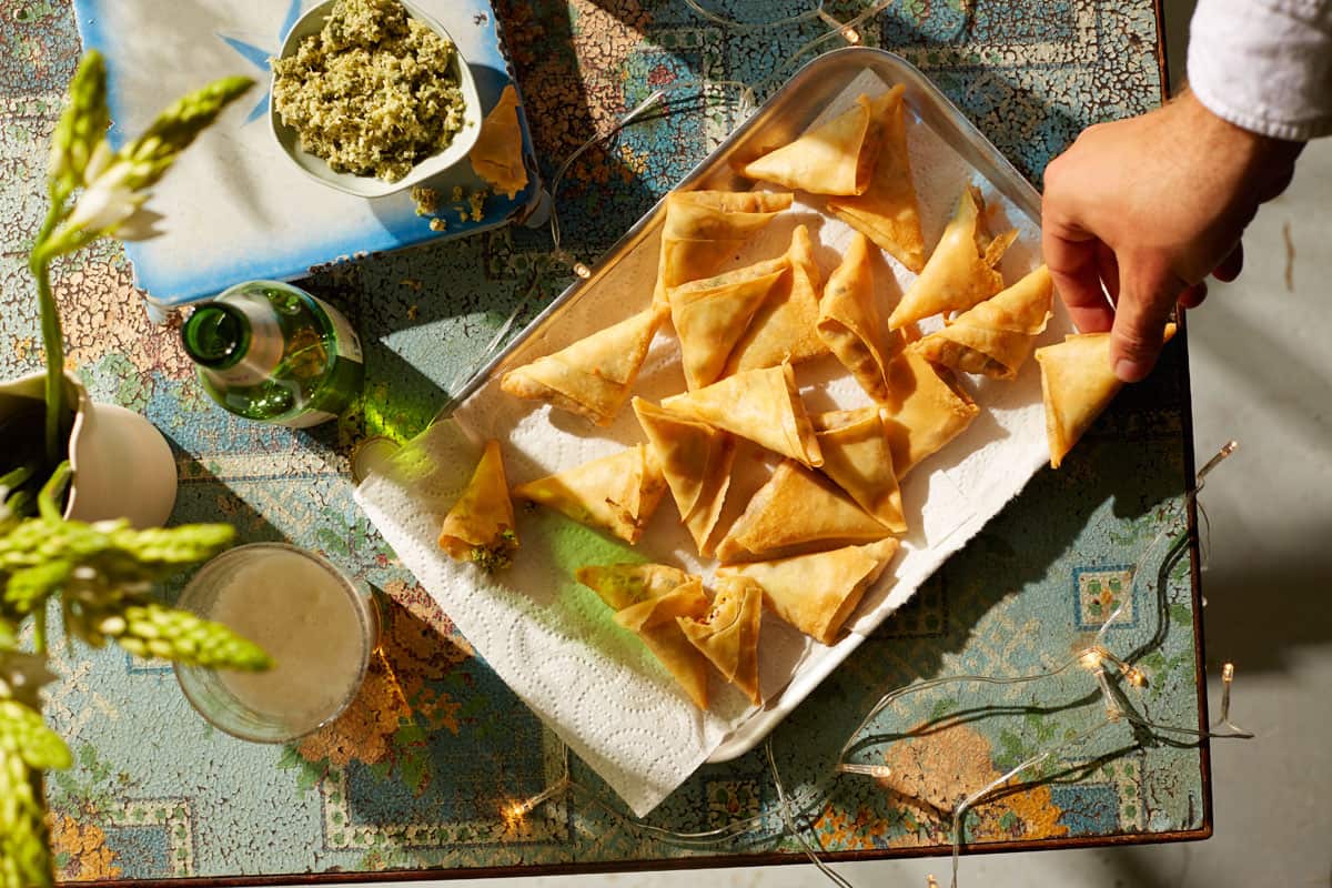 Turkey samosas with coriander-mint sambol