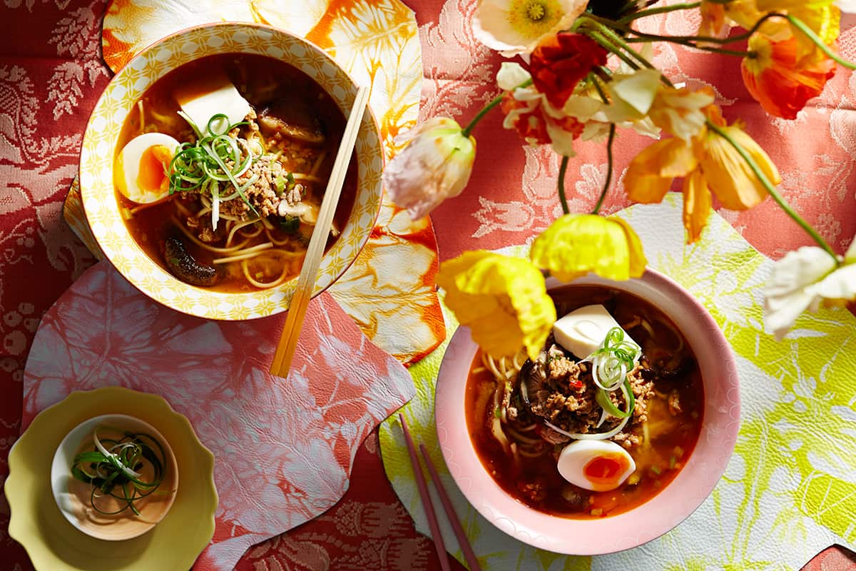 Spicy pork and miso udon noodle soup