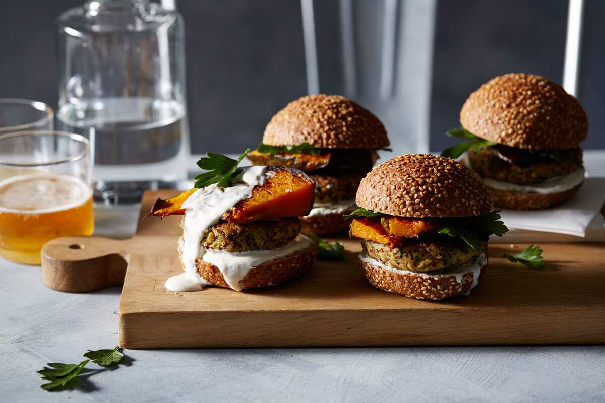 Vegetarian chickpea and quinoa burgers with roasted pumpkin