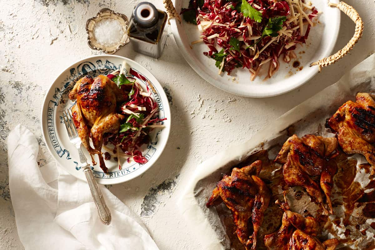 Vincotto quail with kohlrabi, radicchio and parsley salad