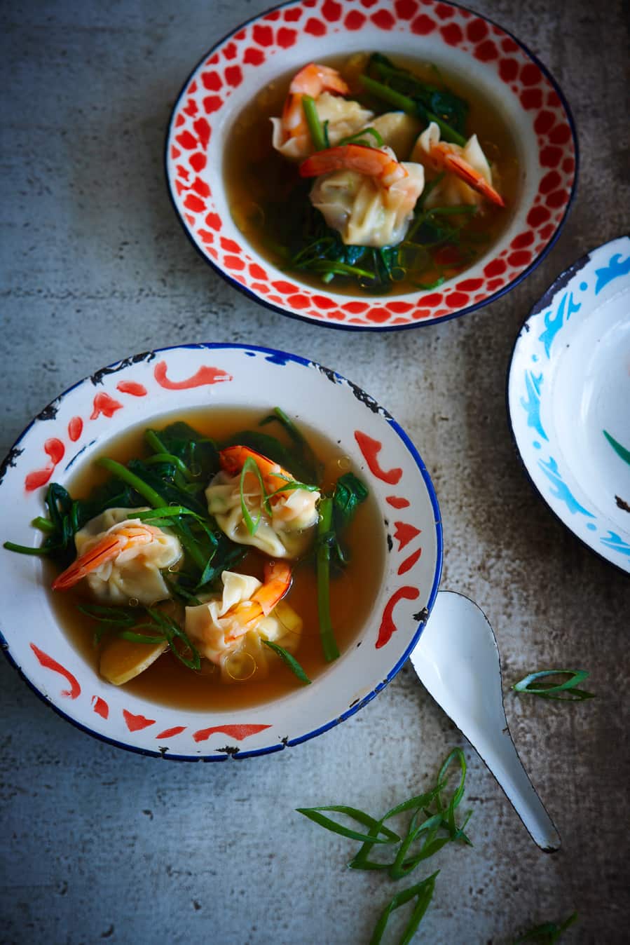 Prawn and mushroom wonton soup with water spinach